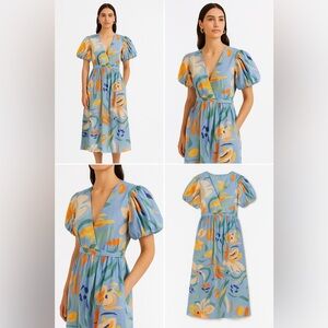 De Loreta Floral Puff Sleeve Midi Dress 100% Cotton Abstract Print Size M
